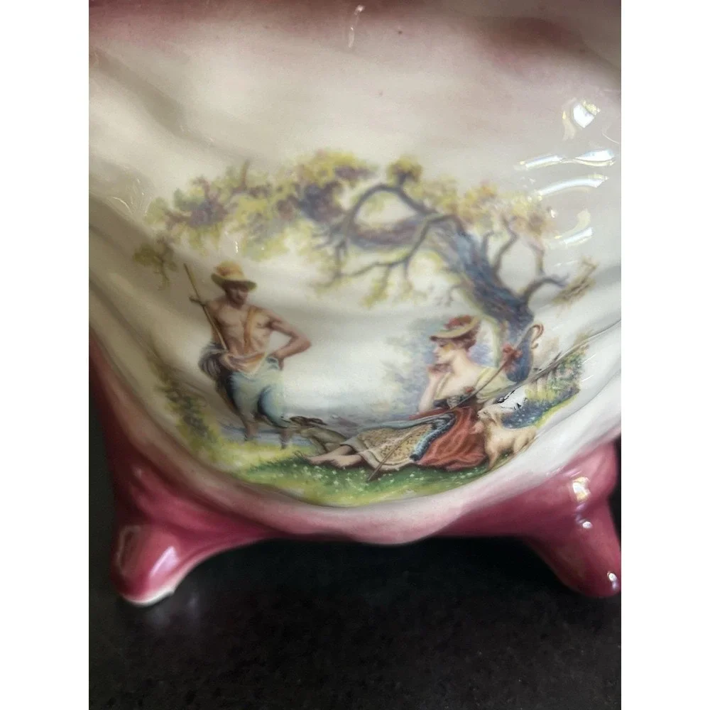 Vintage KLM Staffordshire Ceramic Seashell with Romantic Scene and Gold Trim
